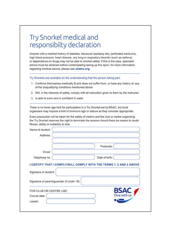 Experience Snorkelling medical form