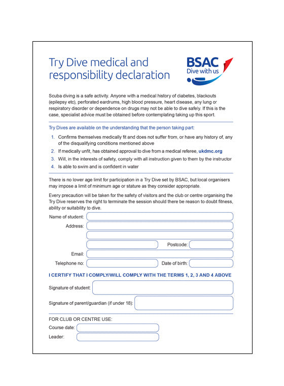 Try Dive medical form